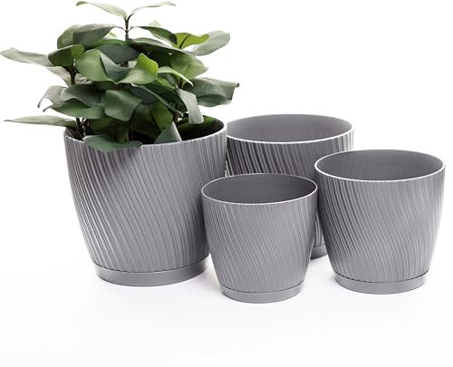 Home Garden Ornaments Swing Plant Pots Indoor – Indoor Plant Pot Set of 4 Sizes (13cm, 15cm, 17cm, 19cm) with Saucer, Drainage Holes, Decorative Stripes, Flower Pots Outdoor (Colour: Grey)
