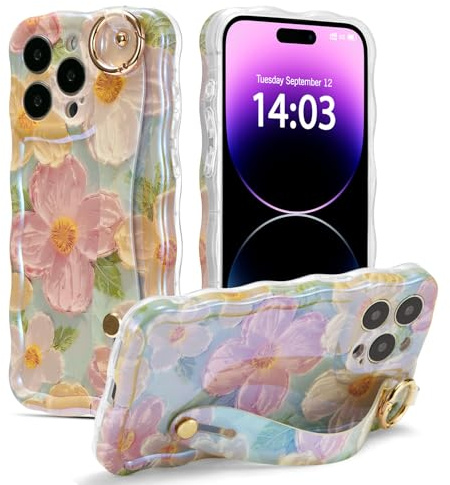 EYZUTAK Case with Hand Strap for iPhone 15 Pro, Oil Painting Flower, Green | Colorful Floral Case With Wristband Kickstand Function, Laser Curly Wave Edge, Stylish Durable TPU Protective Cover for Women
