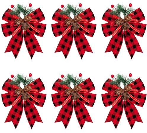 Warmiehomy 6 Pieces Christmas Bows Red Christmas Tree Decorations Bows for Gift Wrapping Christmas Tree Wreath Present Decorations Outdoor Indoor Christmas Tree Bow Ornaments Decor, Black Red Plaid