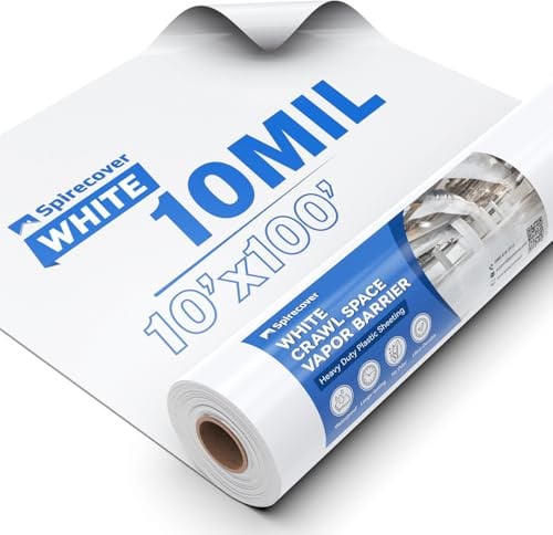 Spirecover Weiße Kriechraumdampfsperre, 10 mm Dampfsperre, 3 m x 30 m, robuste Polyethylenfolie, dicke Kunststofffolie, Kunststoff-Tropfstoffabdeckung für Kriechraum, Keller
