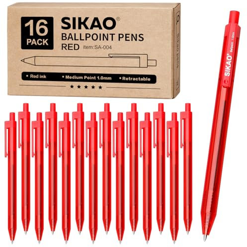 Sikao Kugelschreiber | Rot Stifte | 16er Packung Kugelschreiber | Rot Tinte, Mittelspitze 1.0 MM | Schul- Und BüRomaterialien, GroßPackung Kulischreiber, Pens