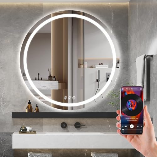 Ratsamee Bluetooth Specchio da Bagno LED con Luci, Rotondo 80cm, 3 Colori Dimmerabili, Antiappannamento, Memoria, Montaggio a Parete – Specchio Bluetooth Bagno Musica