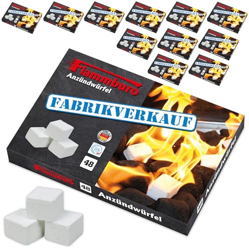 FLAMMBURO Lot de 576 cubes d'allumage paraffine (12 x 48 cubes) du fabricant allemand, allume-barbecue, allume-cheminée, allume-four, cubes, laine d'allumage, fabriqué en Allemagne – 12 boîtes x 48