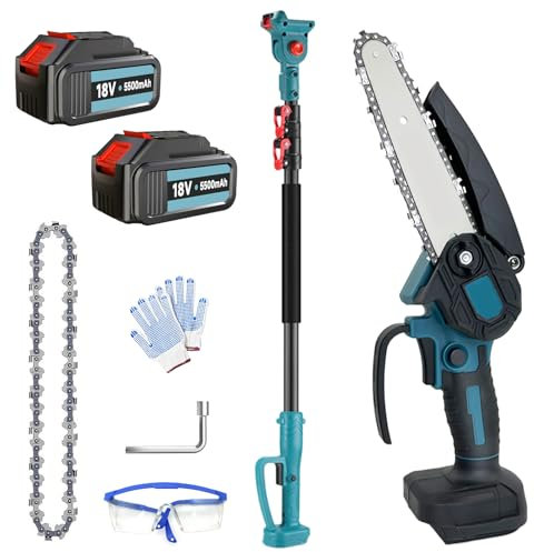 Mini Kettensäge mit 2pcs Akku 3000mAh Und Ladegerät, 6 Zoll Mini Kettensäge Elektro mit Teleskopstange 1,3-2,5m, Handkettensäge Akku für Gartenscheren Astschere Holzschneidenz