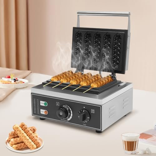 Profi Gastro Waffeln am Stiel Waffeleisen mit antihaftbeschichteten Backplatten, Kommerzielles Waffelgerät Corn Dog Stiel für 5 Stielwaffeln mit Edelstahl Gehäuse, 50-300 °C