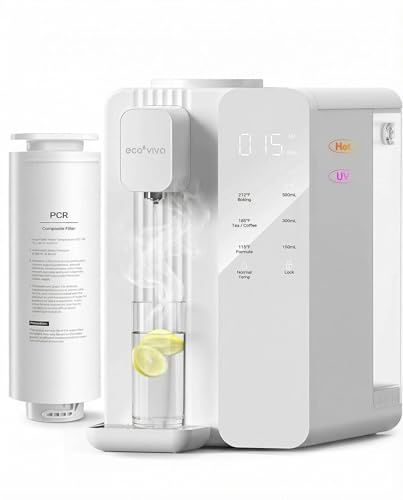 Ecoviva Mate 4 Sistema de filtro de agua de ósmosis inversa para encimera con UV, sin BPA, filtro de 7 etapas, puro para drenar 3:1, calor instantáneo, sin instalación, cumple con el purificador de