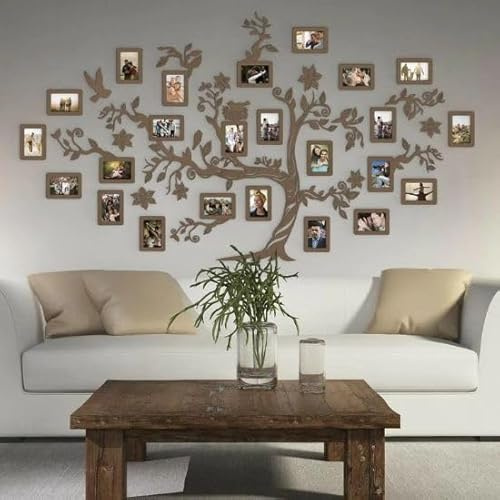 Natura Products Arbre généalogique familial en bois, avec fleurs et oiseaux, 180 x 110 cm, noyer, 180 x 110 cm, avec 10 cadres photo de 10 x 15 cm