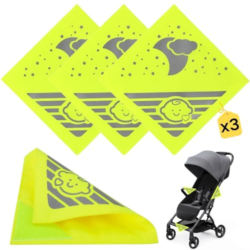 3 Stück Kinderwagen Reflektoren Universal Sicherheits Reflektor mit Klettverschluss für Buggy Rucksack Fahrrad Anhänger Neon Gelb 12x12 cm
