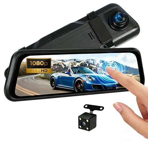 CAMECHO Mirror Dash Cam Front and Rear, 9.66 IPS 1080P Touchscreen Rear View Mirror Camera with Recording, Night Vision, Loop Recording, Reverse Assist, Parking Guidelines, Supports 128GB Max