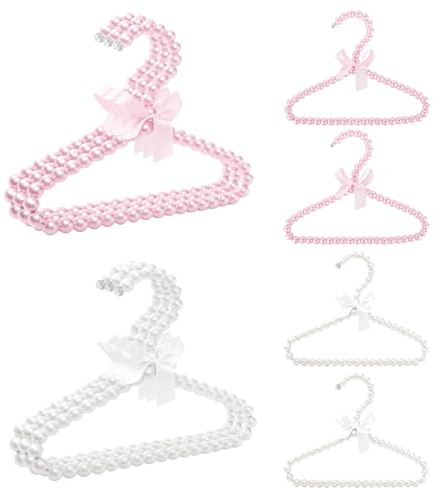10er Pack Perlen-Kleiderbügel 8 Zoll mit Schleife | Elegante Rosa-Weiße Mini-Kleiderbügel mit Perlen- und Bandverzierung für Damen-, Hunde- und Katzenkleidung