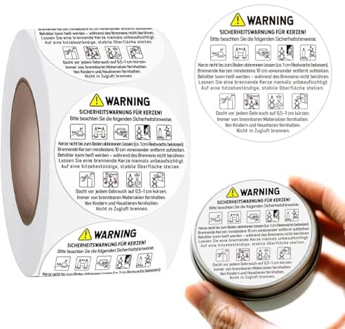 Kerzen Warnaufkleber Deutsch 3,8 cm Rund – 500 Stück pro Rolle – DIN EN 15494 konform | Selbstklebende Warnetiketten für Kerzen