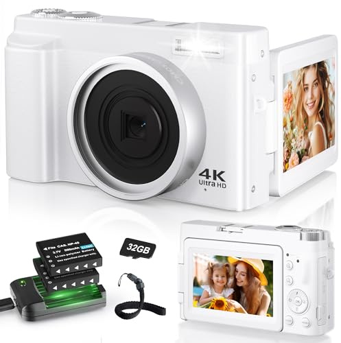 Digitalkamera 4K, 48MP 16X Autofokus Digitaler Zoom Fotokamera, 3 Zoll 180° Flip LCD Bildschirm Kompakte Vlog Kamera mit Ladestation, 2 * 800mAh Batterien, 32GB Karte für Anfänger Kinder