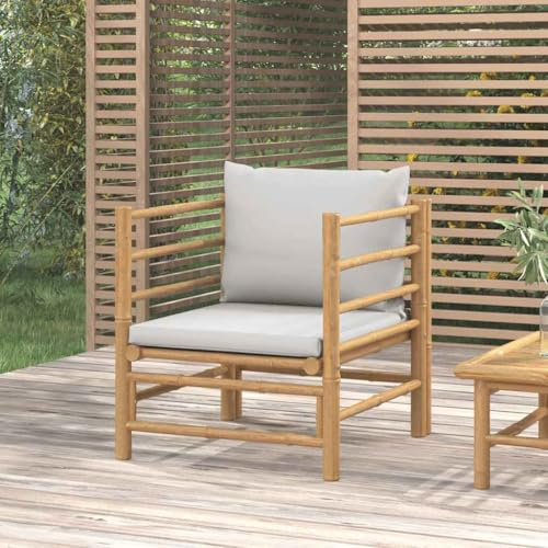 Mandloder Gartensessel aus Bambus mit hellgrauen Kissen, 63x69x65 cm, Robustes Loungemöbel für Garten, Balkon, Terrasse und Patio, Outdoor Möbel Set