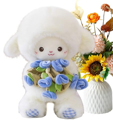 Animal en peluche d'agneau - 30 cm - Peluche mignonne - Peluche d'agneau - Bouquet de rose se transforme en un chapeau - Jouet en peluche pour chambre à coucher, salon, canapé, lit, voiture, chambre