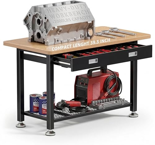 IGERI 39 Heavy Duty Work Bench With Drawer and Storage for Garage, Small Wood Top and Metal Workbench for Crafts 3d Printer Work Table Tool Chest Workbenches Crafting Table Working Station Shop Bench