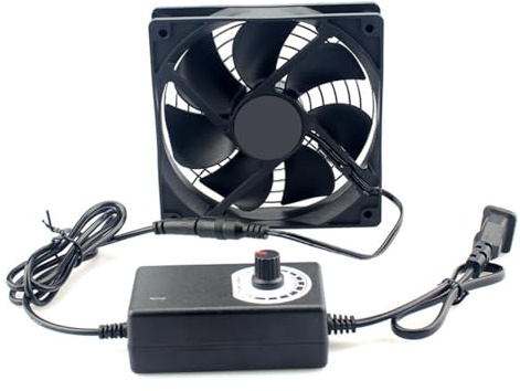 120mm Lüfter mit Drehzahlregler, 12cm PC Gehäuselüfter 3-12V Einstellbar, 30dBA Leise - Inkl. Netzteil & Metallgittern für Computer, Server, Schrank, Terrarium, Haustierbox & Gewächshaus Belüftung (1)