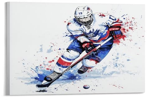 EUUMKOO Kunstdruck auf Leinwand, Motiv: Eishockey-Aktion, buntes Sportspieler-Bild auf Leinwand, Druck-Poster, Dekoration, Kunstwerk für Zuhause, Wohnzimmer, Schlafzimmer, Wanddekoration, 20 x 30 cm