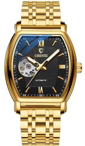 JewelryWe Business Automatikuhr für Herren: 3ATM wasserdichte analoge selbstaufziehende goldfarbene mechanische Armbanduhr für Büro & Alltag – verstellbares Edelstahlband