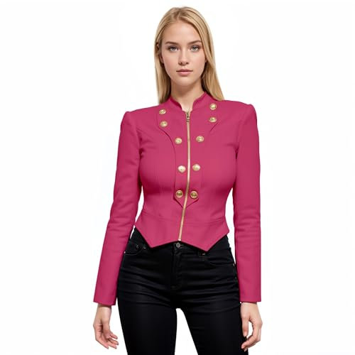 Women's Military Crop Stretch Gold Zip up Blazer Jacket KJK1125 Fuchsia Medium