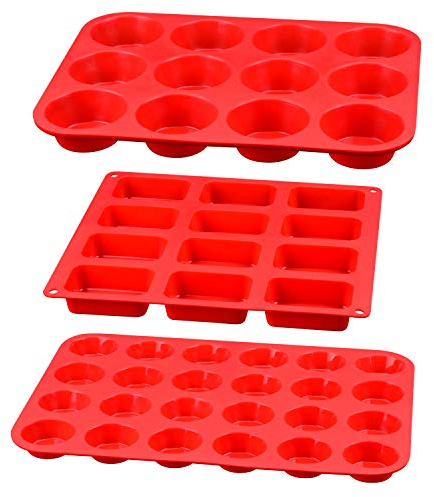 Silikon-Muffinform – Silikonformen inklusive Mini 24 Tassen, normale 12 Muffinförmchen und 12 Mulden, Mini-Kastenform aus 100% lebensmittelechtem Silikon, 3-in-1-Set für Eier, Brownies, Fettbomben