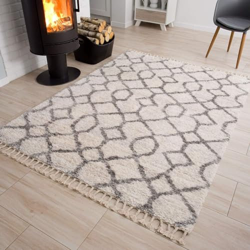 TAPISO Versay Teppich Shaggy Creme Grau Boho Fransen Hochflor Langflor Modern Geometrisch Zig Zag Streifen Wohnzimmer Schlafzimmer ÖKOTEX 200 x 300 cm