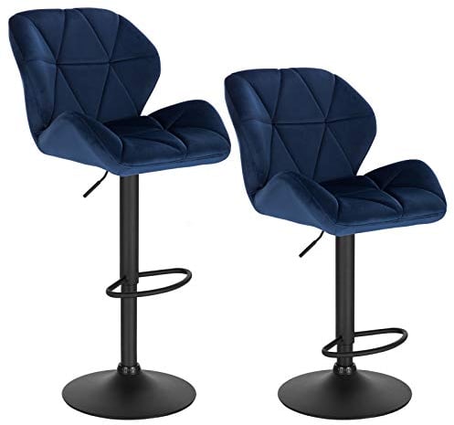 WOLTU Barhocker 2er Set Barstuhl Tresenhocker Bistrohocker Designer Hocker mit Rückenlehne, höhenverstellbar, drehbar, Samt Stahl, Blau