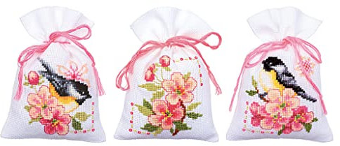 Vervaco Zählmusterpackung Stickset Säckchen 2 Kohlmeisen in Blumen 3er DIY Gezählter Kreuzstich Stickpackungen Basteln Erwachsene Kreativ Set 8 x 12 cm Stickset für Anfänger Stoffbeutel zum Sticken