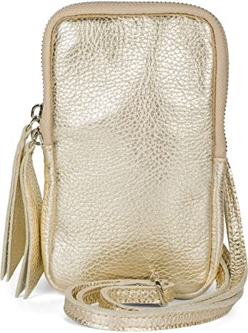 styleBREAKER Damen Leder Handy Umhängetasche mit genarbter Oberfläche, Reißverschluss, Echtleder Mini Bag 02012374, Farbe:Gold