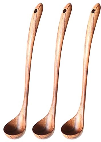 UPTALY 12.6 inch Extended Handle Wooden Ladles (3 pcs), No Paint Applied, 100% Natural Teak Wood Cooking Spoon, Handmade Round Soup Spoons Set, Japanese Ladle with Long Handle, for Non-Stick Cookware
