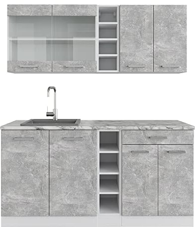 Vicco Singleküche R-Line, Küchenzeile Single, Beton/Weiß, 160 cm ohne Arbeitsplatte