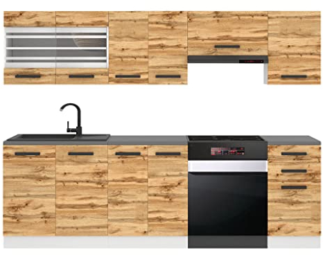 Belini Küchenzeile Küchenblock Lily - Küchenmöbel 240 cm Einbauküche Vollausstattung ohne Elektrogeräten mit Hängeschränke und Unterschränke, ohne Arbeitsplatten, Wotan-Eiche