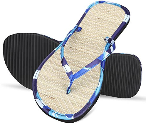 COITROZR Femmes Tongs à La Main en Paille Naturelle Sandales éTé Tongs Anti-DéRapant Sueur Cool Paille Sandales Convient pour Jardin De Plage Bord De Mer, Etc (Color : Blue, Size : 40 EU)