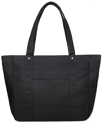 Mouteenoo Canvas Tote Bag mit Reißverschluss, Handtasche Damen, Große Schultertasche für Arbeit Urlaub und Reisen (Black)