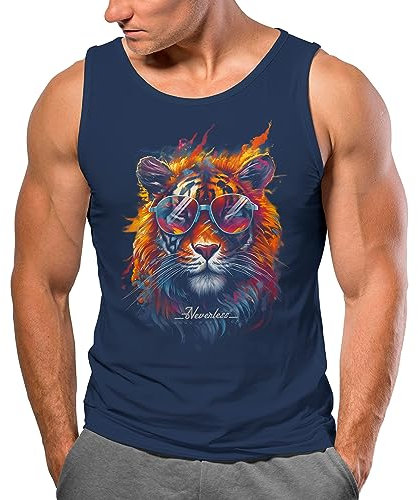 Neverless® Herren Tank-Top Tiger Print Aufdruck Flammen Sommer Sonnenbrille Kunst Fashion Streetstyle Muskelshirt Navy L