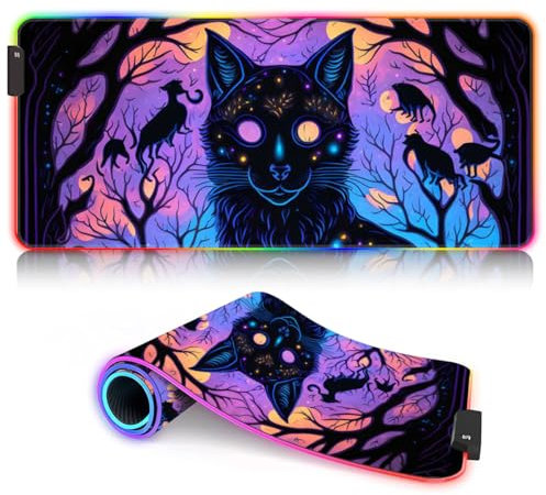 BUBELS Tapis de Souris de Jeu RGB avec LED Lumineuses, 14 Modes d'éclairage et Grand Tapis de Souris étendu pour PC de Jeu, Ordinateur Portable, Bureau Chat lumière Noire 30 x 80 cm