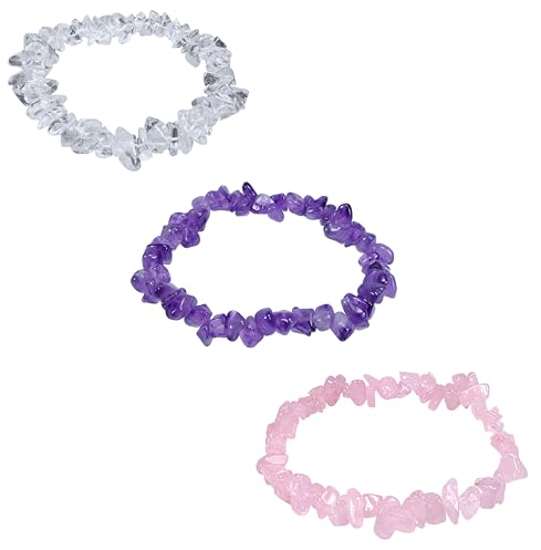 Lebensquelle Plus Amethyst + Bergkristall + Rosenquarz Splitterarmband | Set-Angebot | Inkl. Edelsteinkarten + Baumwollbeutel