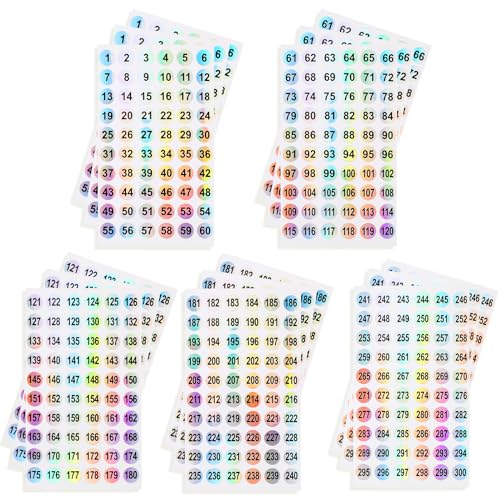 simarro Lot de 15 feuilles d'autocollants numérotés (numéros 1 à 300) - Étiquettes rondes - Imperméables - Pour inventaire - Pour l'école et le bureau