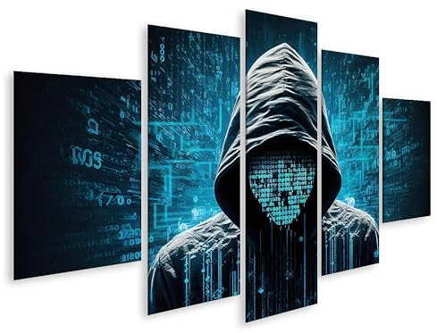 islandburner Bild auf Leinwand Hacker mit Hoodie Matrix Code Bilder Wandbilder Poster