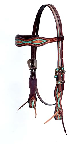 BLACK HOOF Stirnriemen aus amerikanischem Leder mit türkisfarbener emaillierter Pfeilschnalle, Barrel Racing, Türkis lackiert