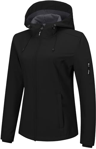 Outdoor Ventures Veste softshell imperméable et respirante pour femme - Veste demi-saison coupe-vent - Veste fonctionnelle avec capuche, Noir , M