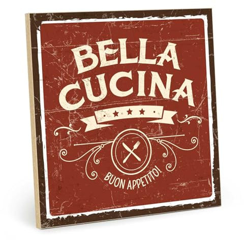 TypeStoff Holzschild mit Spruch – bella cucina – im Vintage-Look mit Zitat als Geschenk und Dekoration zum Thema Küche und Kochen - HS-01364