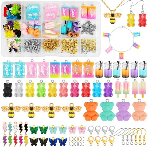 Mispudin Charms Anhänger Set, 76 Stück Charms Bubble Tea Anhänger Schmetterling Bär Bonbon Blitz, Schmuck Ohrringe Selber Machen Set für Halskette, Coole Sachen für Teenager Mädchen DIY