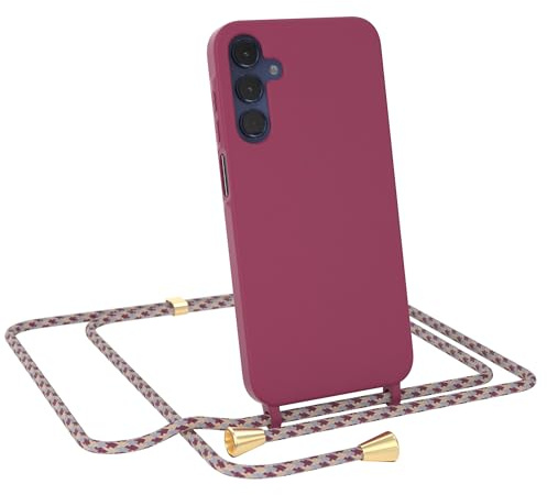 EAZY CASE - Hülle mit Band kompatibel Samsung Galaxy A15 Handyhülle für Galaxy A15 Hülle Silikon mit Mikrofaser stoßfester Fallschutz Kette zum Umhängen Handykordel in Rot Camouflage - Clips Gold