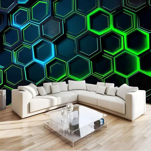 Neon Green Wallpaper Mural Geometric Honeycomb Pattern Non Woven Premium Art Print, for Living Room Bedroom Photo Wall Decoration W300 X H210 Cm