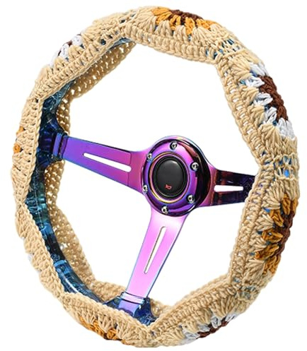 XhuangTech Auto-Lenkradbezug, gehäkelt, 35,6 cm - 38,1 cm, weich, rutschfest, Autozubehör, ästhetische Dekorationen für Damen, Boho, Beige, Sonnenblume