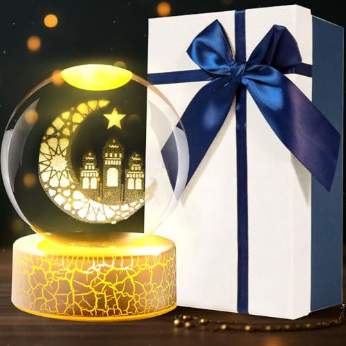 FUFRE ramadan deko LED kristallkugel nachtlicht,eid mubarak dekoration,6cm USB Stromversorgung Kristallkugel mit Sockel,muslimische deko geschenke für Kinder, Freunde, Paar,Geburtstag, Festival (B)