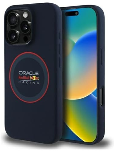 CG MOBILE Red Bull RBHMP16L24SIILVR Hülle für iPhone 16 Pro 6.3 Zoll Marineblau Lizenziert Silicone Red Ring MagSafe-kompatibel
