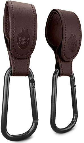 Baby Uma Premium Kinderwagenhaken in Lederoptik (2er-Pack) - Universelles Kinderwagen Zubehör, Karabinerhaken groß & rutschfest, 5 kg Belastbarkeit pro Karabiner (Dunkelbraun)