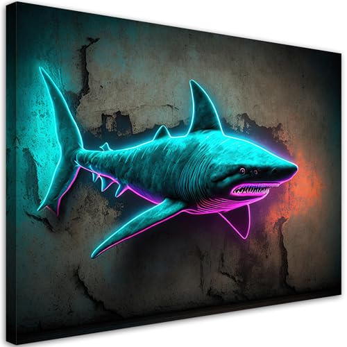 Feeby Bilder - Foto Geschenk - Tiere Fisch Hai Neon - 120x80 cm XXL 1tlg - Leinwandbilder Wohnzimmer - Wandbild über dem Bett - Bild Schlafzimmer - Aesthetic Zimmer Deko - Modern Pictures