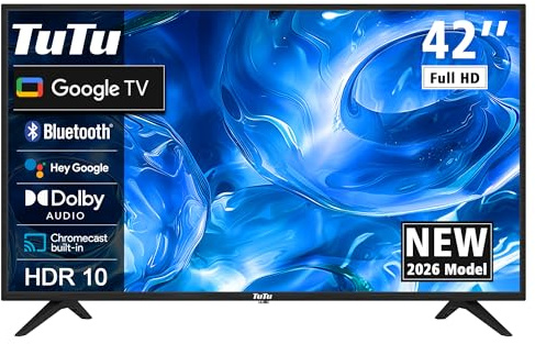 TuTu TUG42FD1 Smart TV 42 Pollici Full HD, Google TV LED Televisori con Wi-Fi, Bluetooth 5.0, App Store, Triple Tuner (DVB-T/T2, DVB-C, DVB-S/S2), HDMI, USB [2025]